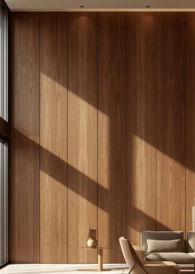 Ruhiger Besprechungsraum mit Holzwand und Tageslicht