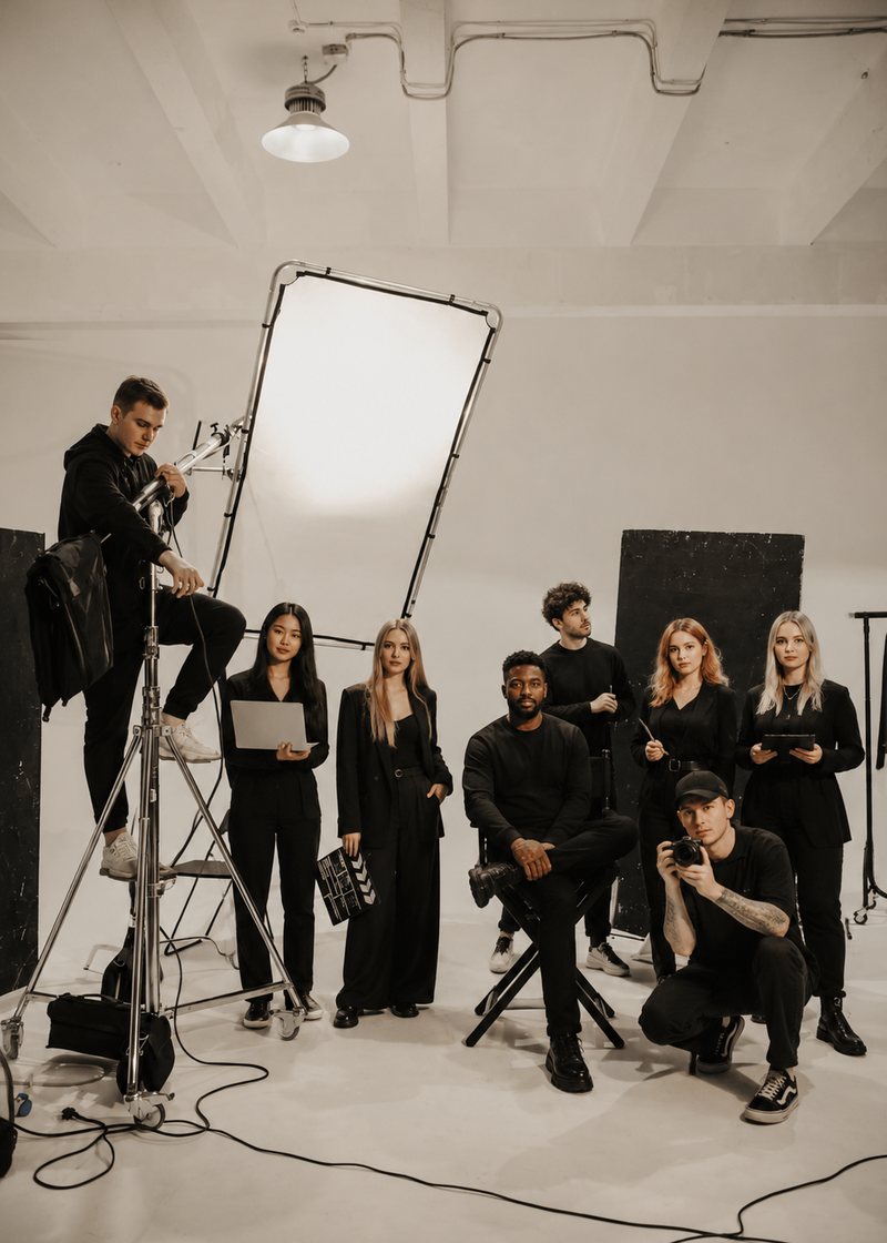 Filmteam im Studio, Licht und Kamera aufgebaut